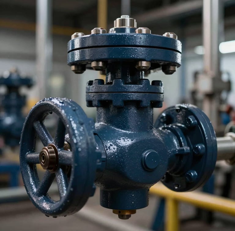 Macro close-up of a heavy-duty modulating control valve in an industrial plant, high-contrast dramatic factory lighting, deep slate and metallic tones, sharp focus, 35mm