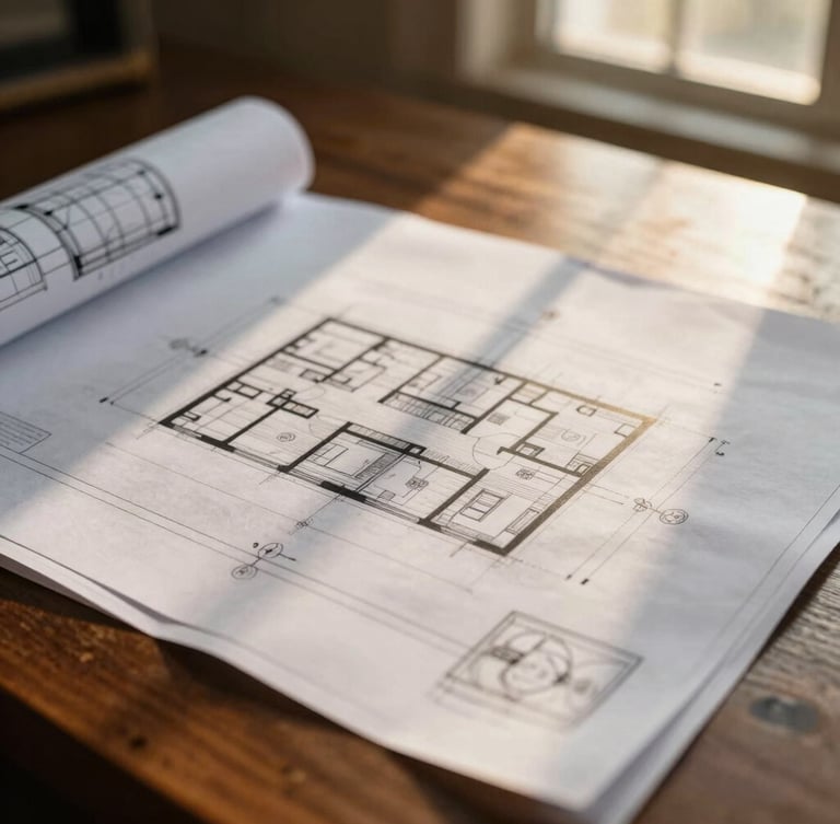 Close-up macro shot of architectural blueprints and structural planning documents on a dark oak table, warm side lighting, sharp focus on fine lines, 35mm.