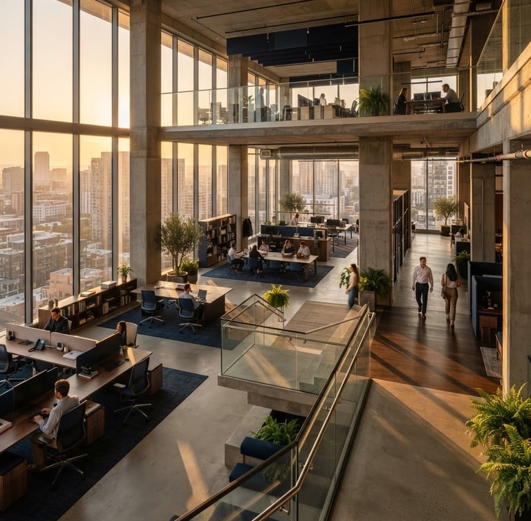 Wide-angle architectural editorial photography of a modern concrete and glass corporate office interior, warm golden-hour window light casting long shadows, sharp focus, 35mm