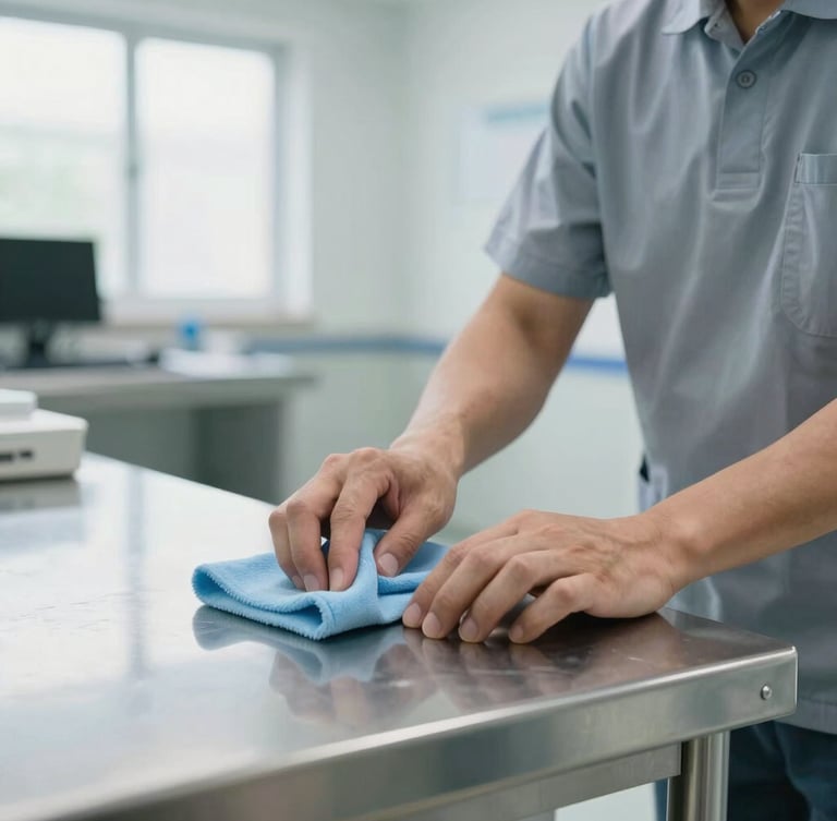Close-up of a professional cleaner in a subtle uniform sanitizing a medical-grade stainless steel surface, crisp cool-toned indoor lighting, sharp focus.