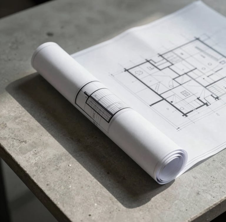 A close-up, top-down view of a stark, clean concrete desk with a single rolled architectural blueprint and sharp side-lighting casting deep shadows.