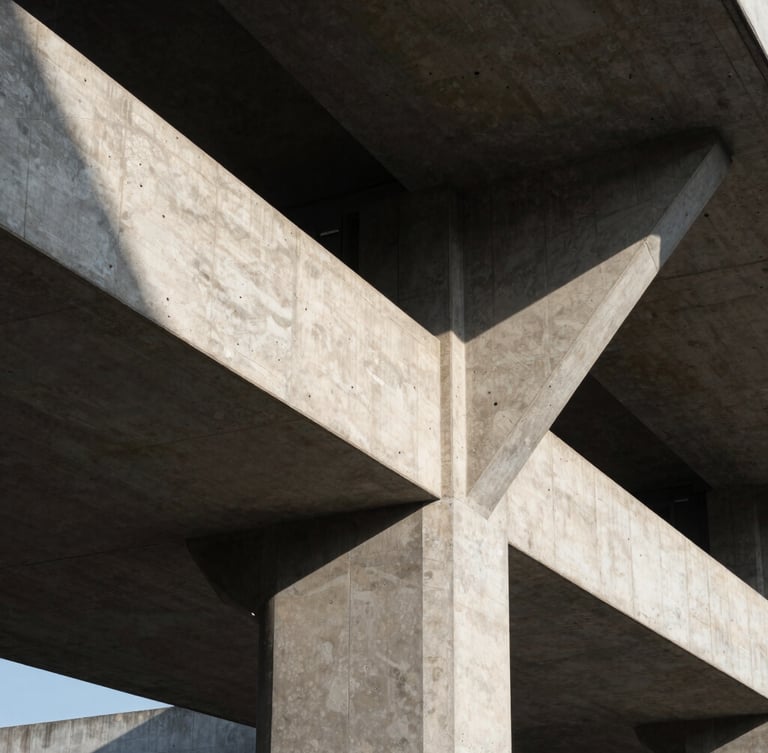Straight-on architectural detail of a modern concrete and steel structure, sharp shadows, high-contrast morning light, geometric lines.
