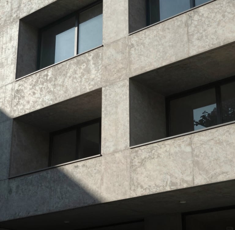 Stark architectural detail of a modern concrete facade, harsh geometric shadows, sharp sunlight, minimalist composition.
