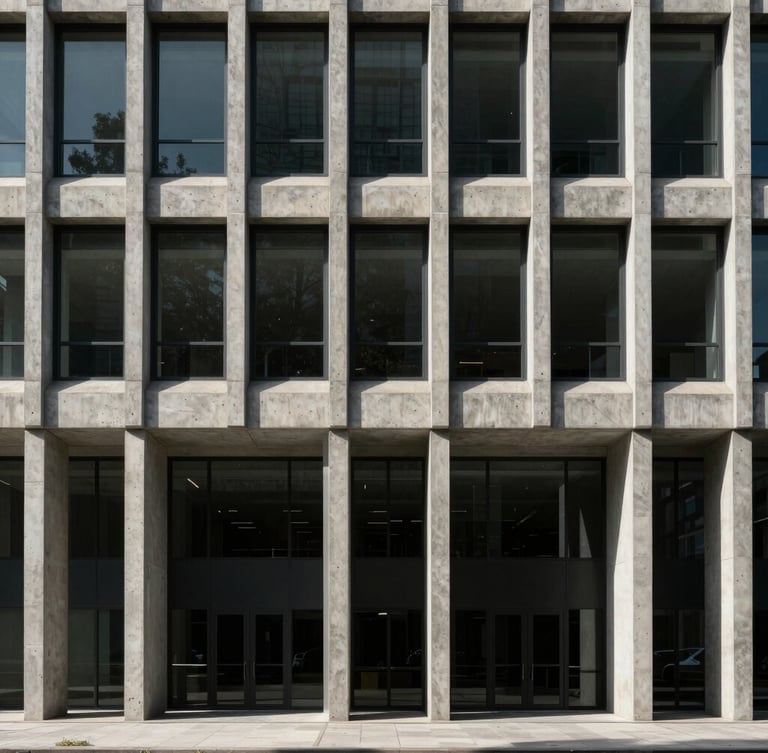 Straight-on architectural photograph of a modern concrete and steel corporate headquarters, harsh side-lighting, deep shadows, minimalist composition