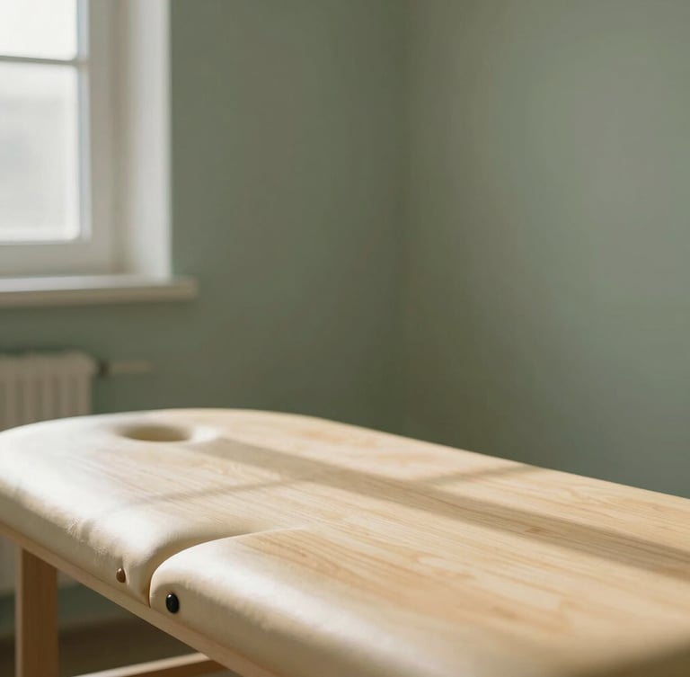Close-up of a clinical treatment room, a clean wooden treatment table, soft natural window light casting gentle shadows on a sage green wall, minimalist and calm atmosphere