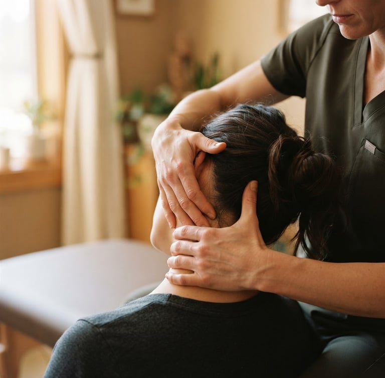 Close-up of therapist hands performing gentle joint mobilization on a neck, warm natural window light, muted earthy tones, shallow depth of field, 35mm
