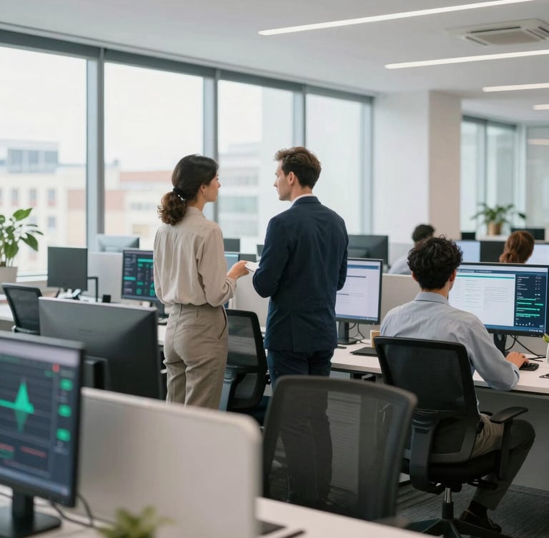 Bright modern office in Madrid, professional advisors analyzing energy metrics on screens, daylight, clean corporate aesthetic