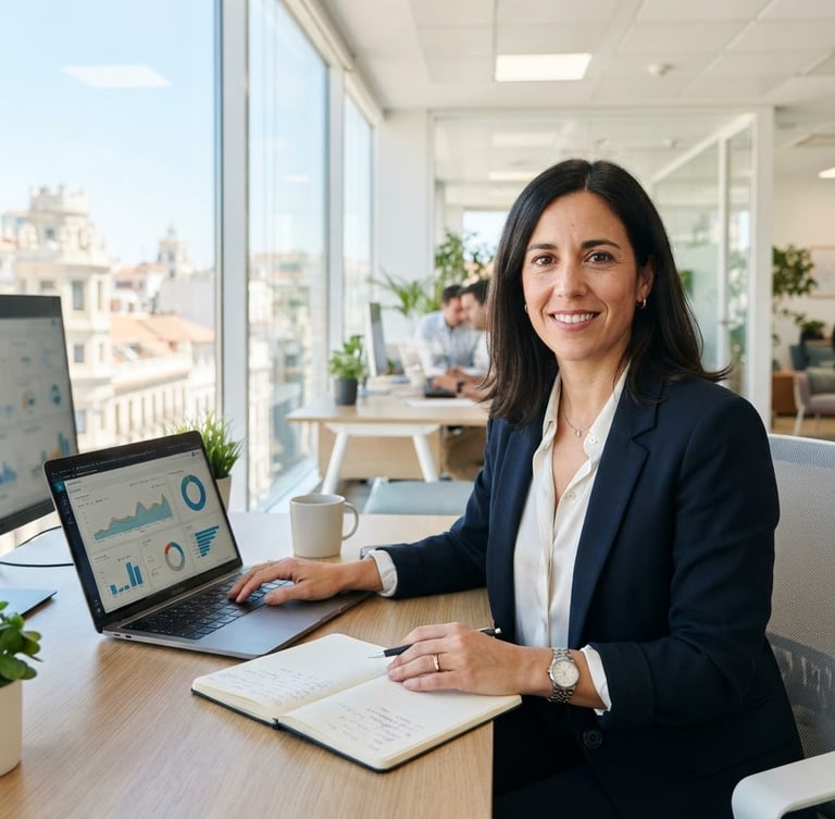 Portrait of a professional energy consultant in a bright Madrid office, high-key lighting, sharp focus, 35mm lens