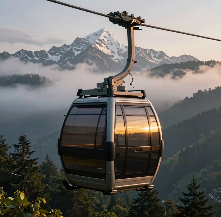 Cinematic portrait shot of a modern cable car cabin ascending toward a mist-covered Himalayan peak, golden morning light reflecting off the glass, deep green forest below.