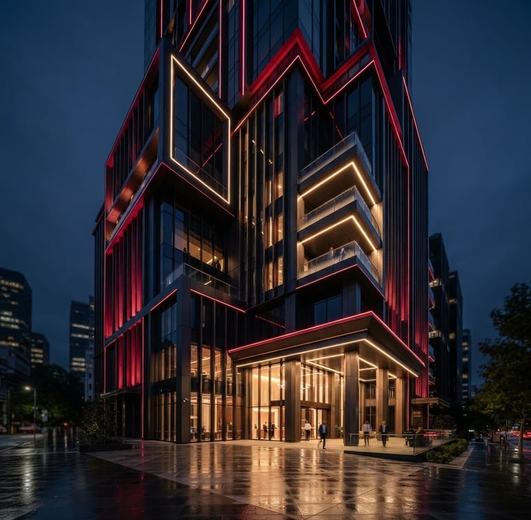 Wide shot of modern commercial building exterior with sharp architectural lighting, deep crimson and graphite tones, high-end editorial style