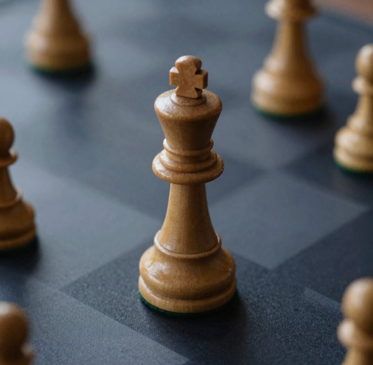 Macro shot of a minimalist wooden chess king on a dark navy surface, soft diffused daylight, architectural shadow play