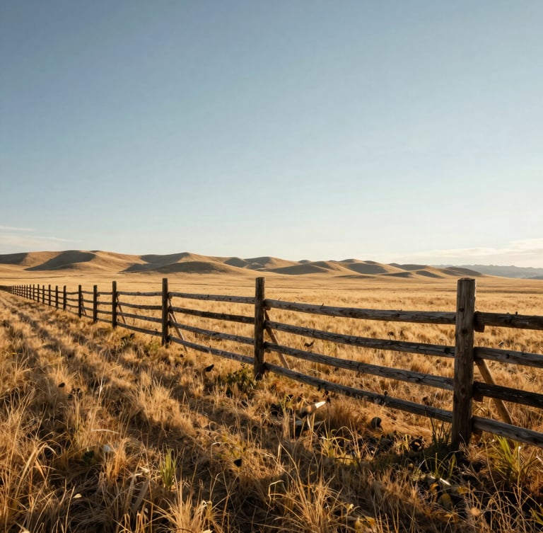 Wide-angle portrait of weathered timber fence posts stretching across a golden Wyoming prairie, low morning sun casting long shadows, soft dust in the air.