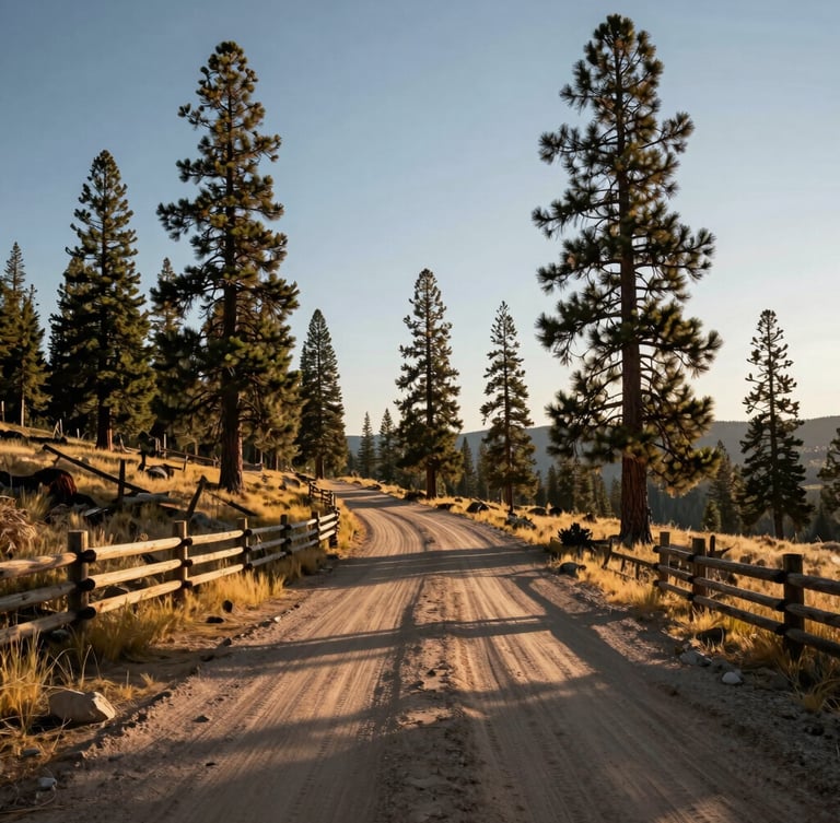 Wide environmental landscape of a dusty dirt road winding through tall ponderosa pines under low-angle golden hour Wyoming sky, rustic wooden fence line on the left, high contrast shadows