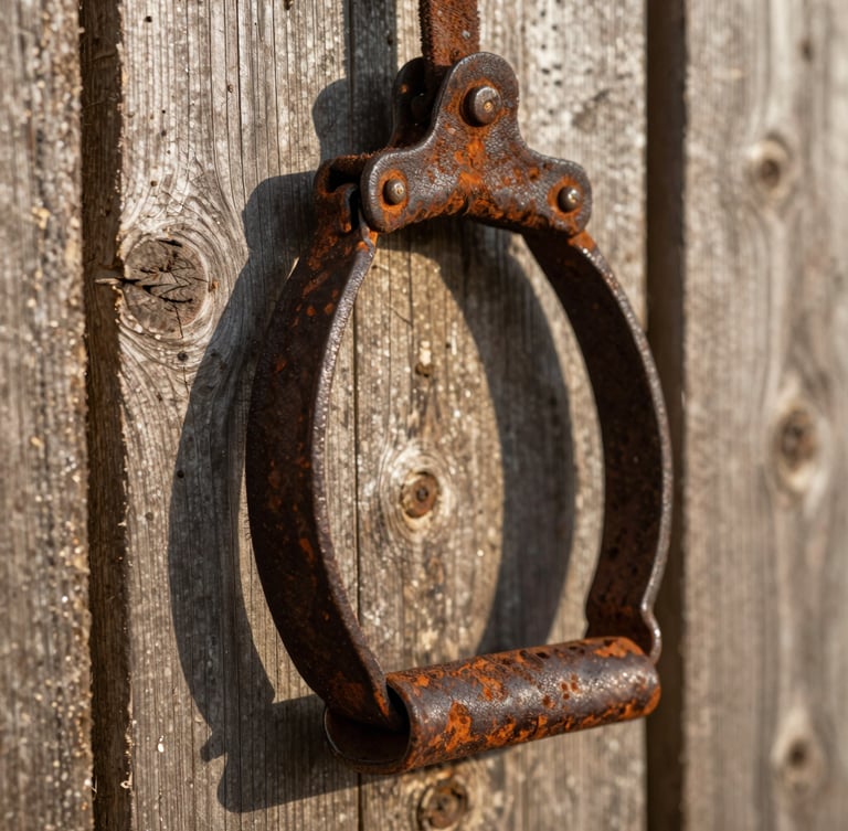 Close-up macro of weathered saddle leather and rusted iron stirrups resting against a rough pine barn wall, warm low-angle sunlight highlighting the textures.