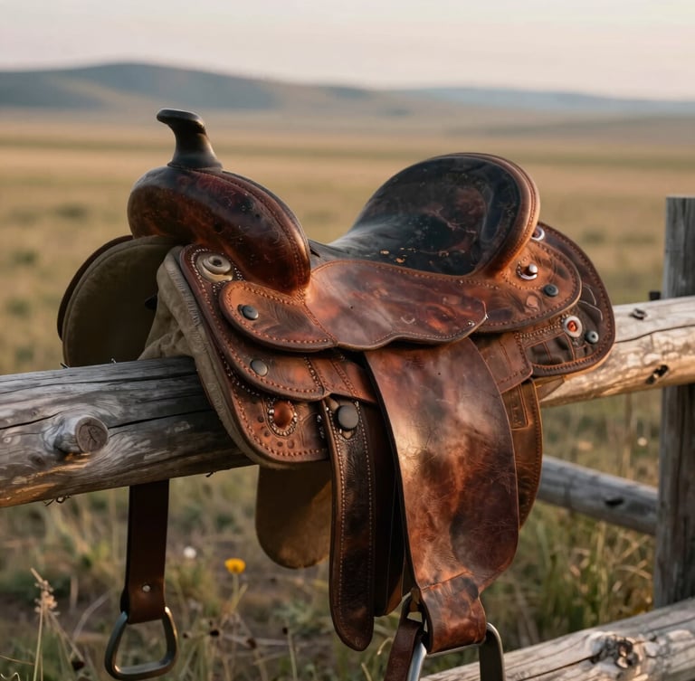 Close-up of weathered leather saddle resting on a rustic timber fence, soft morning light, sweeping Wyoming plains in the distant background.