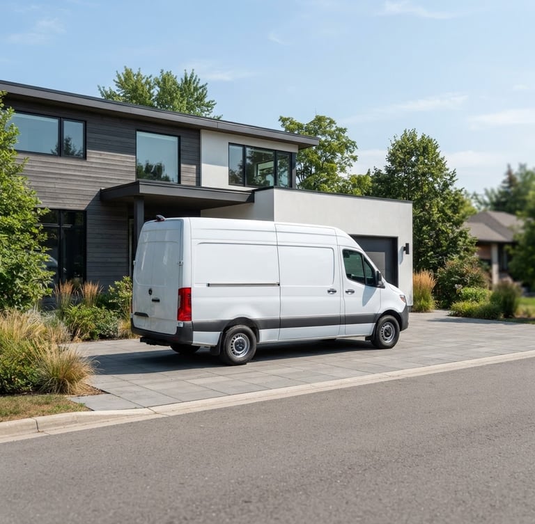 Crisp outdoor photography of a clean mobile service van parked at a modern home, bright natural daylight, sharp focus, 35mm lens