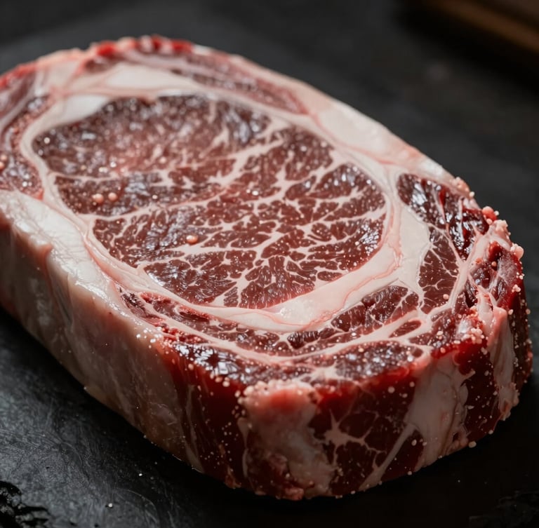 Close-up macro shot of raw beef ribeye with rich marbling, low-key directional side-lighting, high contrast, shallow depth of field, dark moody atmosphere.