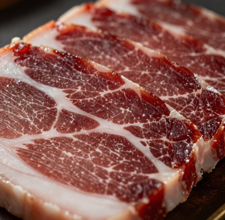 Close-up macro shot of a cured coppa being sliced, showing intense marbling, rich crimson meat, and fine white fat grain, dramatic side-lighting, shallow depth of field