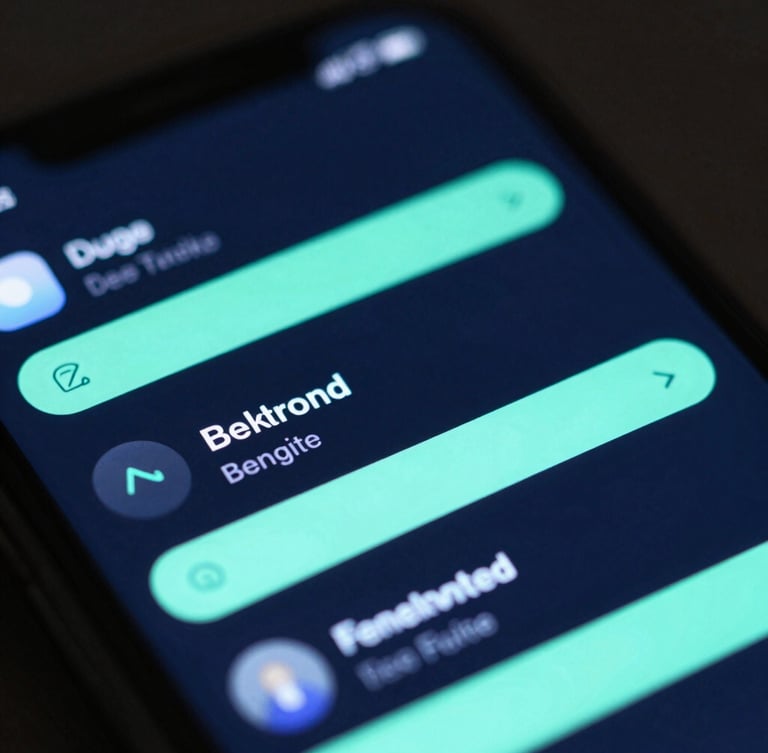 Macro shot of a high-fidelity dark mode mobile user interface displayed on a physical screen, neon blue and mint green accents, sharp details, studio lighting