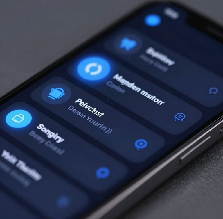 Macro shot of a high-fidelity mobile UI design on a dark screen, glowing neon blue accents, clean workspace environment, sharp focus, 35mm