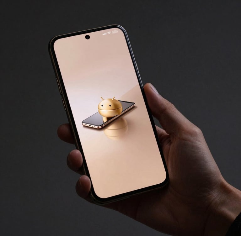 Cinematic wide shot of a hand holding a sleek bezel-less Android phone displaying a minimalist editorial layout, soft champagne gold metallic reflections, low-key side lighting, dark studio background