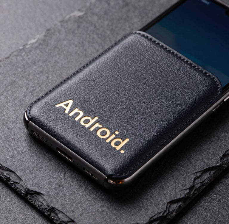 Macro close-up of a premium milled-leather phone back resting on a dark slate table, showing a high-fidelity Android screen with gold-accented typography.