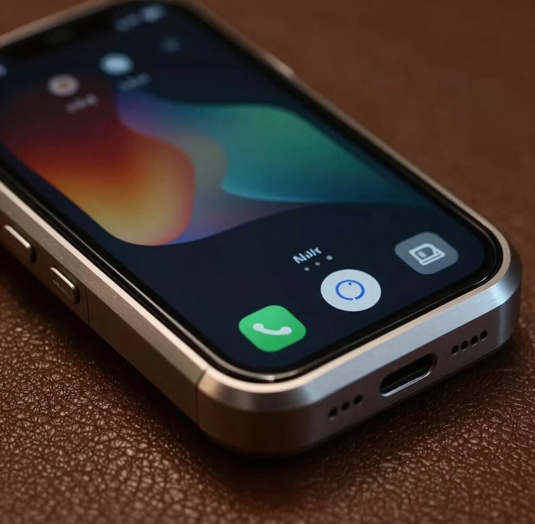 Macro close-up of a premium milled leather and brushed titanium device frame, displaying a custom Android interface with fluid fluid-canvas motion, low-key dramatic side-lighting.