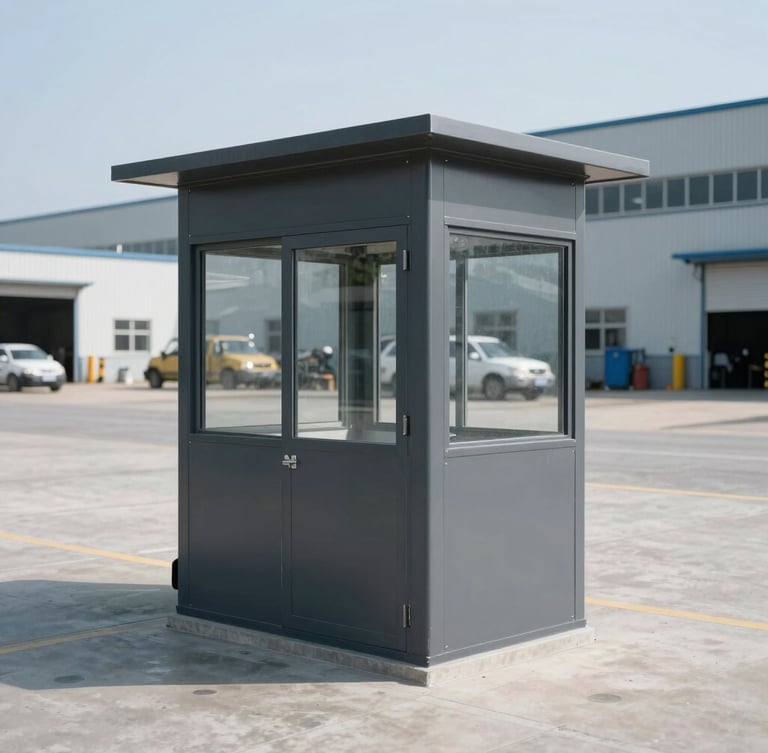 Wide environmental shot of a rugged charcoal steel security booth on a busy concrete industrial factory site, bright natural daylight, high-contrast cool tones, sharp focus.