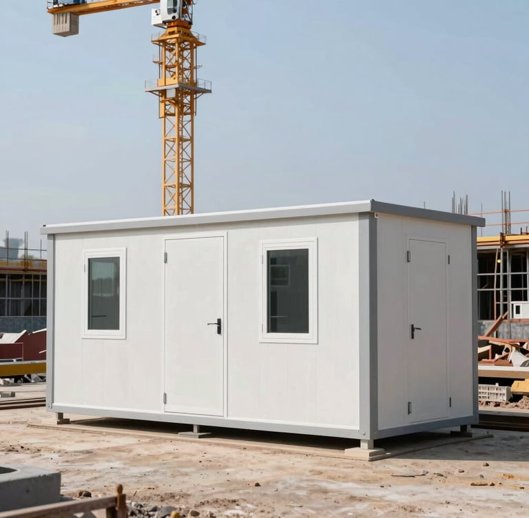 Side view of a finished heavy-duty portable office cabin on a rugged construction site, bright daylight, crane visible in the background, sharp focus.