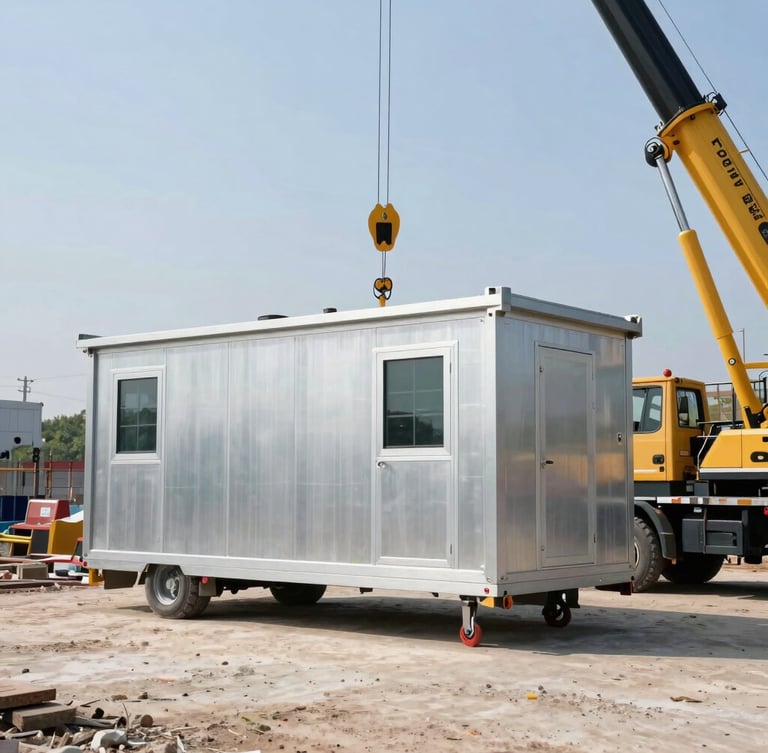 Wide environmental shot of a heavy-duty portable steel cabin being positioned on a construction site by a crane, bright natural daylight, sharp focus.