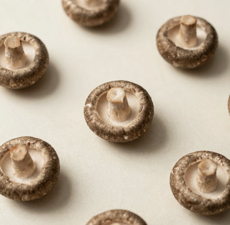 Overhead minimalist flat-lay of raw, whole shiitake mushrooms arranged elegantly on a textured light beige surface, soft side light, shallow depth of field