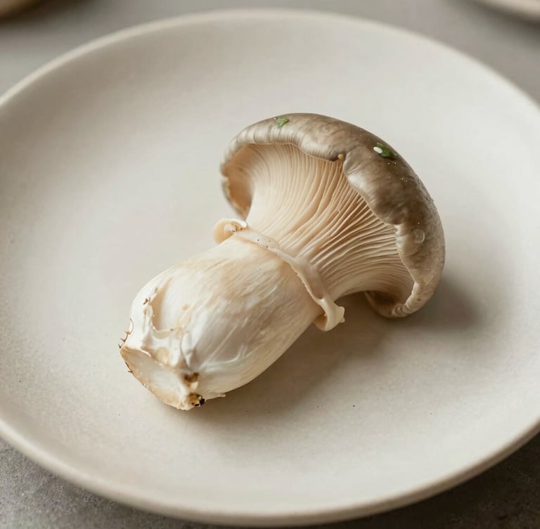 Elegant editorial photography of a single pristine oyster mushroom resting on a textured cream ceramic plate, soft diffused daylight, muted warm tones, macro lens, negative space