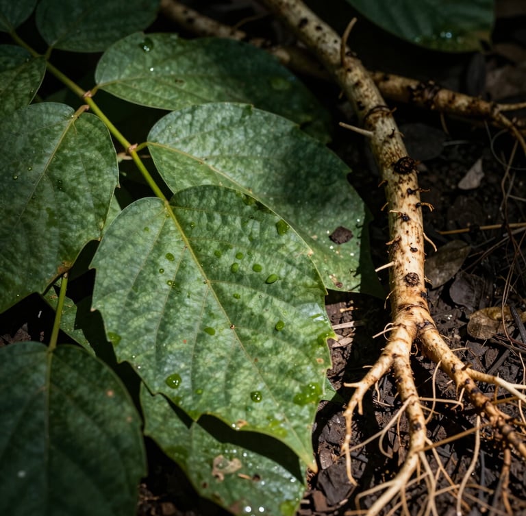 Macro photography of raw Beninese medicinal leaves and roots, high-contrast natural light, deep forest green shadows