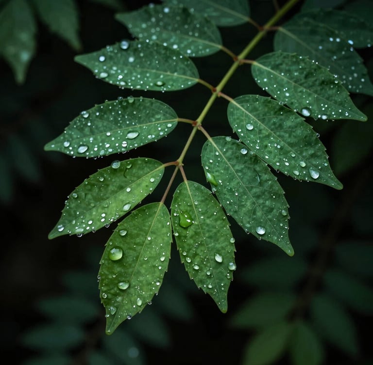Macro photography of deep green medicinal leaves of Moringa oleifera, glistening with morning dew under high-contrast natural light, dark background.