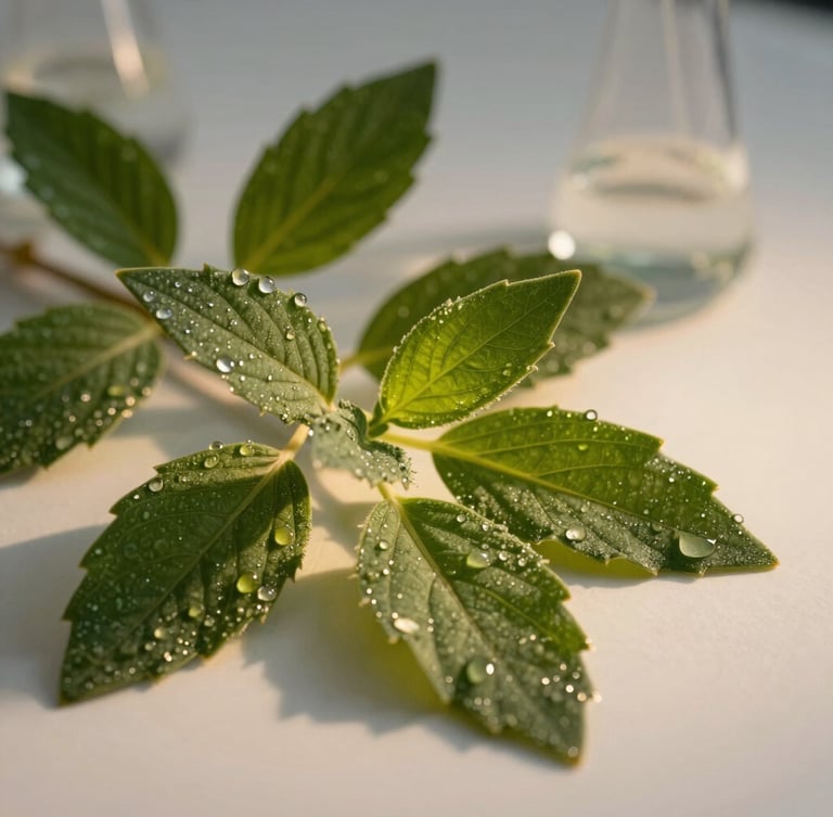 Macro photography of deep green medicinal leaves with morning dew, warm golden-hour light casting rich shadows, clean scientific glass pipette in the background, professional botanical editorial style.