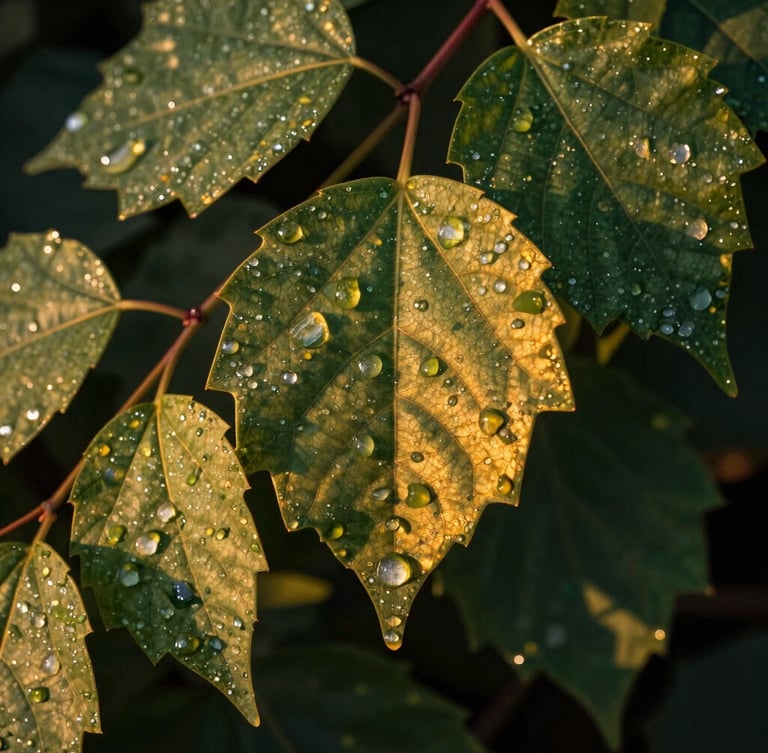 Extreme macro photography of raw Beninese medicinal leaves covered in morning dew, rich high-contrast natural light with deep shadows and warm golden highlights reflecting off the botanical textures.
