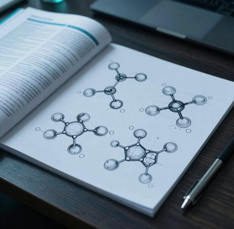 A close-up of precise design sketches of molecular structures laid out next to a medical journal on a dark wooden desk, cool teal rim lighting, 35mm