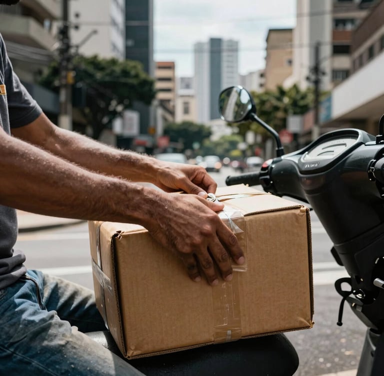 Close-up of hands securing a package on a motorcycle delivery box, high-contrast daylight, gritty urban setting, 35mm lens