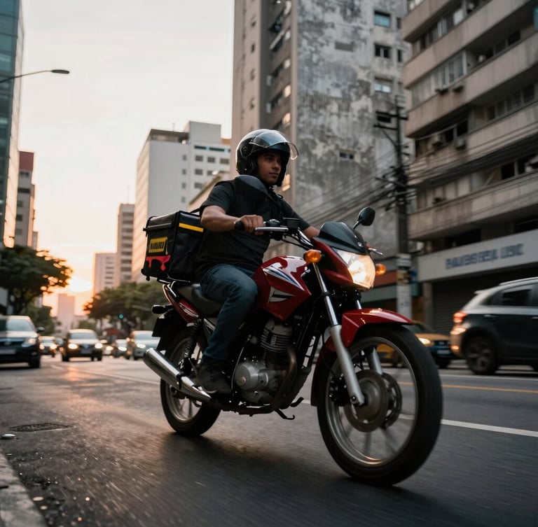 Dynamic low-angle shot of a motorcycle courier navigating a gritty São Paulo street at sunset, motion blur on the background, high-contrast daylight, 35mm lens.