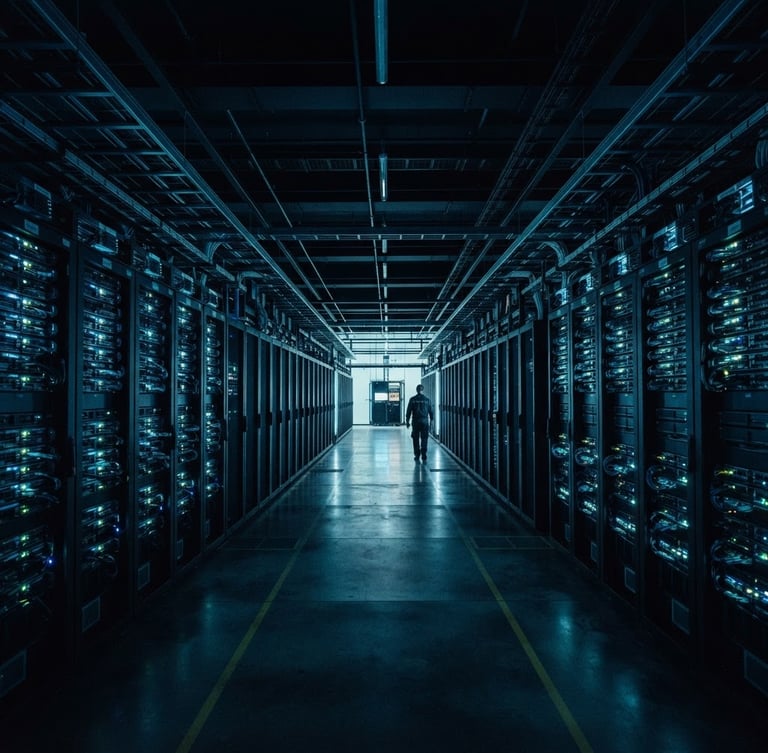 Wide-angle, low-key cinematic shot of a vast, geometrically precise data center interior with cool blue and cyan ambient lighting, emphasizing scale and order, 35mm.