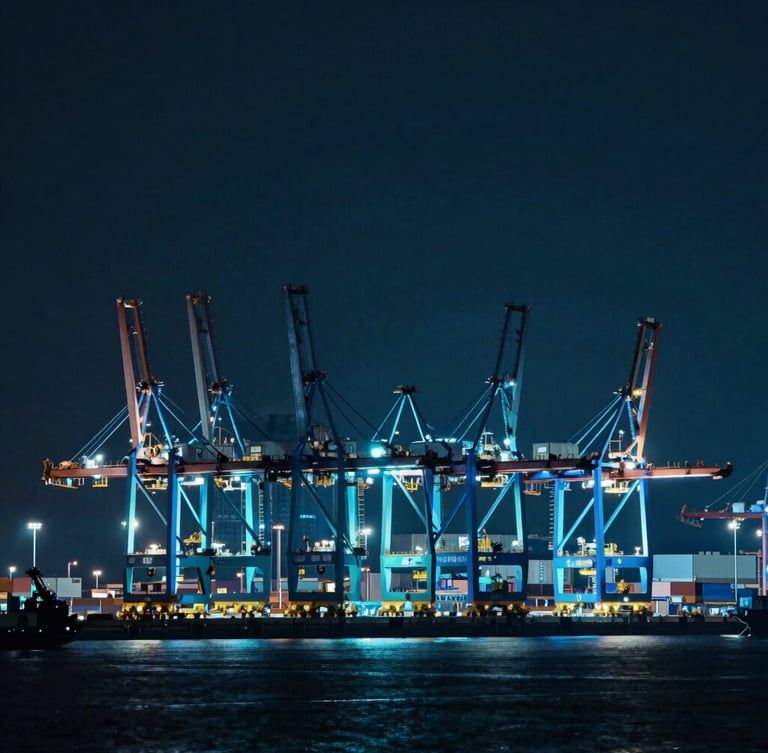 Wide-angle architectural shot of a massive, symmetrical deep-sea port with automated cranes, glowing electric cyan and blue lights, cinematic low-key lighting, ultra-wide perspective, emphasizing geometric alignment and vast scale, 35mm