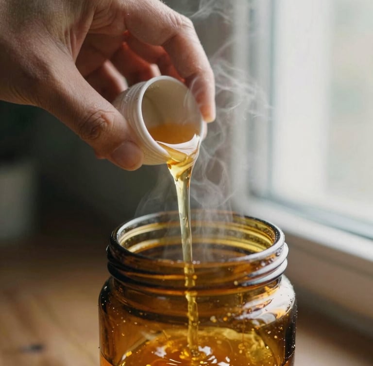 Macro close-up of hands pouring golden melted wax into an amber glass jar, soft window light, warm steam rising, 35mm film