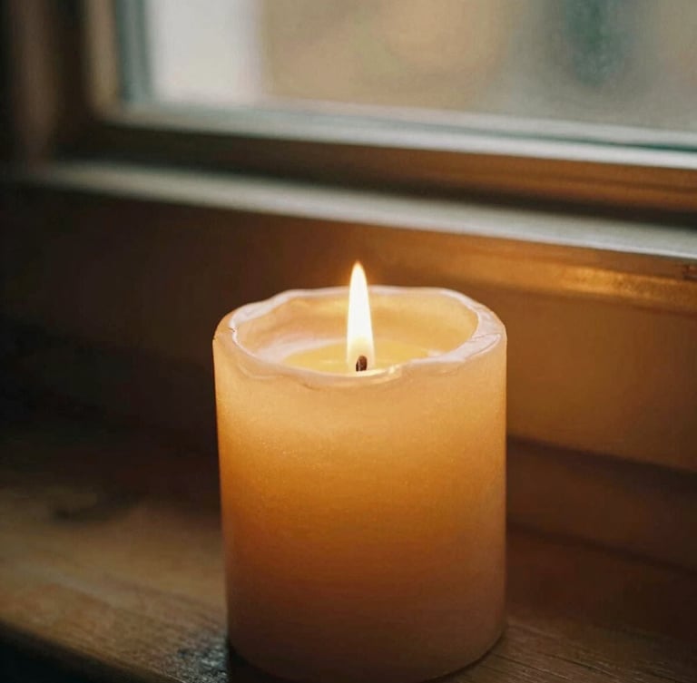 Close-up of a warm amber candle flame flickering softly, rich golden-hour window light illuminating hand-poured wax textures, cozy wooden mantel background, 35mm film style