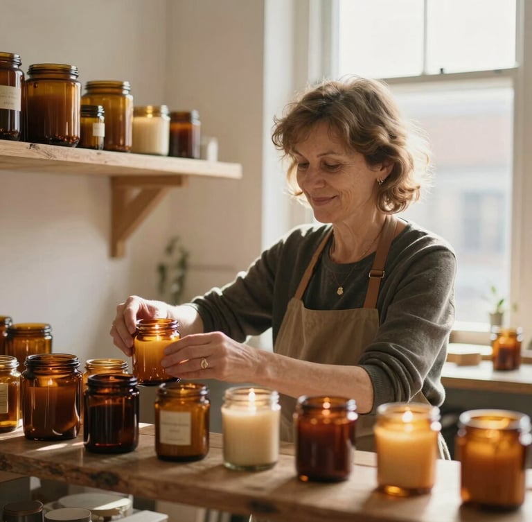 A portrait of founder Ruszo Ilona in her warm, sunlit Scarborough workshop, smiling softly while arranging amber glass candle jars on a rustic wooden shelf, shallow depth of field