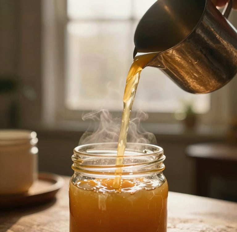A close-up of warm amber wax being slowly poured from a metal pitcher into a clear glass jar, soft golden hour sunlight catching the steam, cozy studio background