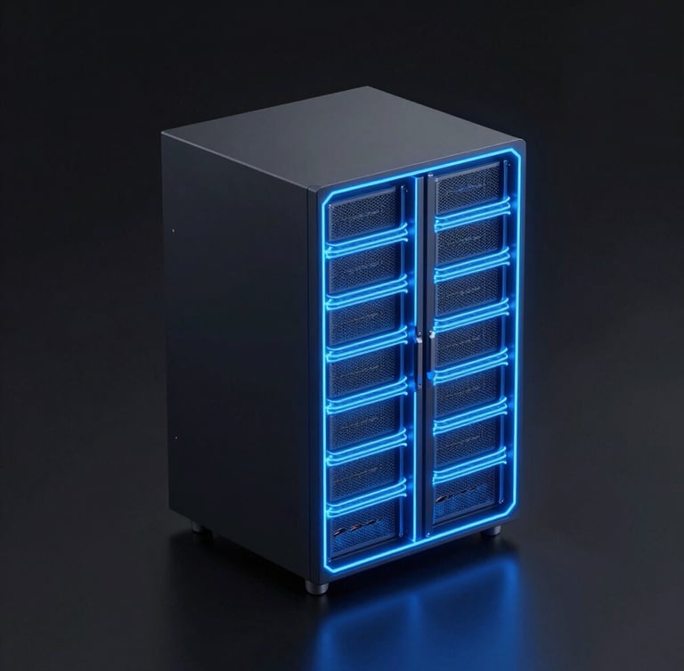Sleek 3D render of a glowing neon blue isometric server rack with clean geometric wireframes, dark mode aesthetic, high-contrast studio lighting