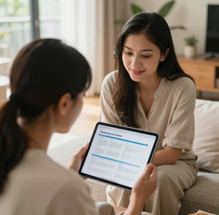 An over-the-shoulder shot of a parent and an educator reviewing progress reports on a tablet in a bright, modern Pune home living room, warm daylight.