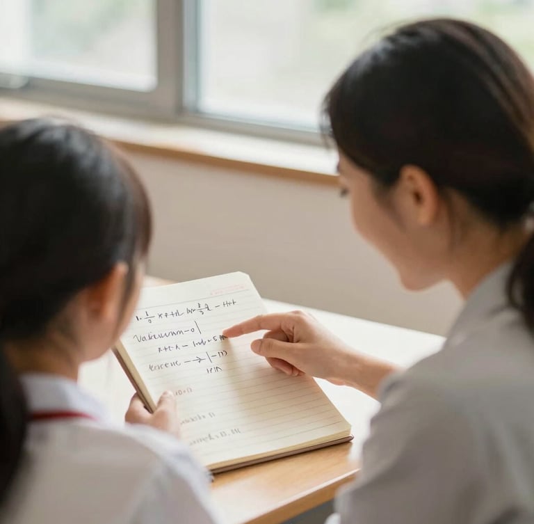 Over-the-shoulder shot of a verified math tutor smiling and pointing to a solved equation in a student's notebook, warm natural light, shallow depth of field