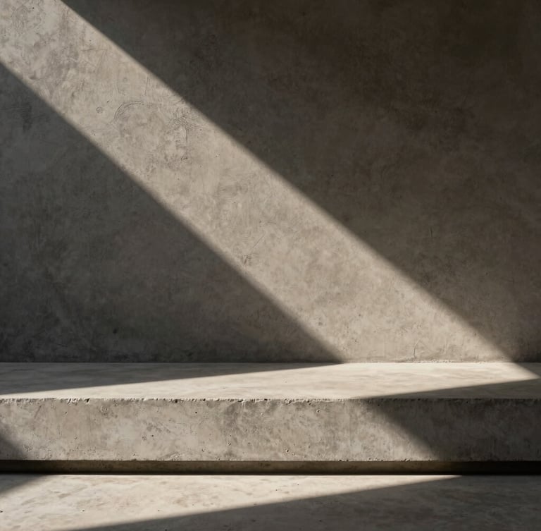 Stark minimalist concrete threshold with a sharp, dramatic architectural shadow cast across a raw textured wall, hard direct sunlight, medium format editorial photography.
