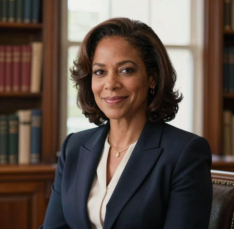Medium-close portrait of Epsie Belle Thompson Taylor, a professional woman with a warm, confident expression, soft natural daylight, elegant light-filled office background with rich wood and books, soft focus.